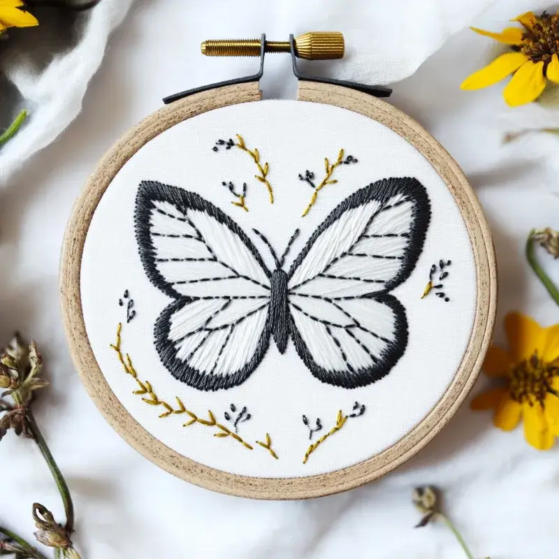 black and white butterfly hand embroidery with wild grass details black and white butterfly hand embroidery with wild grass details