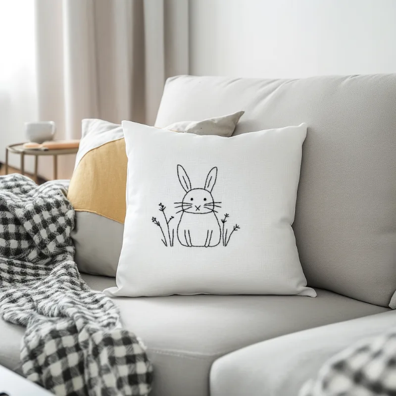 Gray sofa with a black-and-white checkered blanket and a white rabbit embroidery pillow Gray sofa with a black-and-white checkered blanket and a white rabbit embroidery pillow