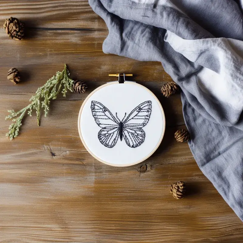 black butterfly embroidery displayed on table with pinecones and gray fabric black butterfly embroidery displayed on table with pinecones and gray fabric