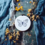 blue butterfly embroidery on table with matching fabric and dandelion branches