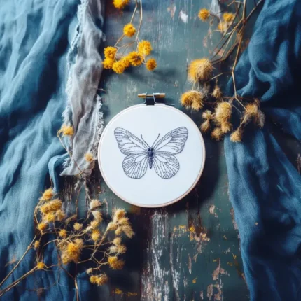 blue butterfly embroidery on table with matching fabric and dandelion branches