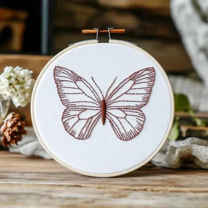 brick-red butterfly embroidery displayed in an embroidery hoop