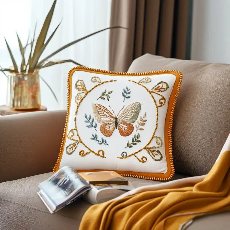 brown sofa with embroidered cushion, book, and cozy blanket brown sofa with embroidered cushion, book, and cozy blanket