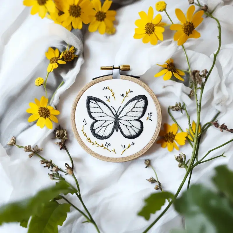 butterfly artwork stitched using a digital embroidery pattern, displayed on table butterfly artwork stitched using a digital embroidery pattern, displayed on table
