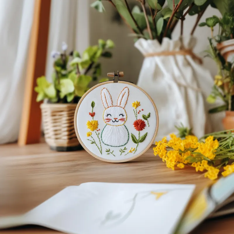Cozy work table with hand-embroidered rabbit and small potted plant Cozy work table with hand-embroidered rabbit and small potted plant