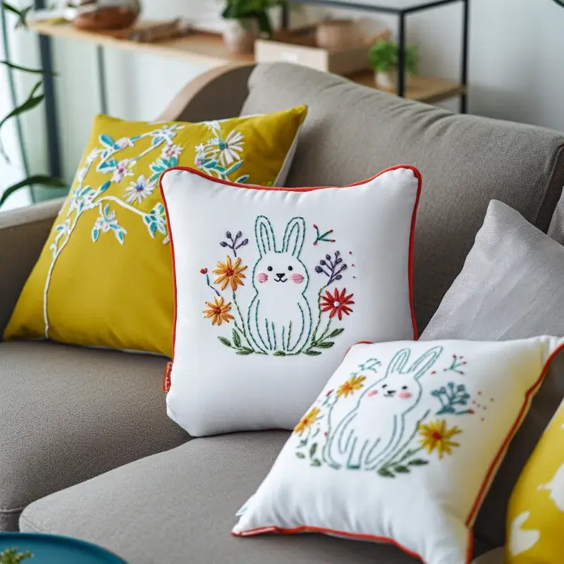 Cushions with hand-embroidered designs on a gray sofa in living room Cushions with hand-embroidered designs on a gray sofa in living room
