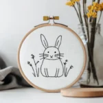 Cute rabbit embroidery in black lines on white fabric, placed on a table