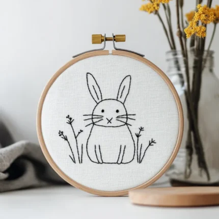 Cute rabbit embroidery in black lines on white fabric, placed on a table