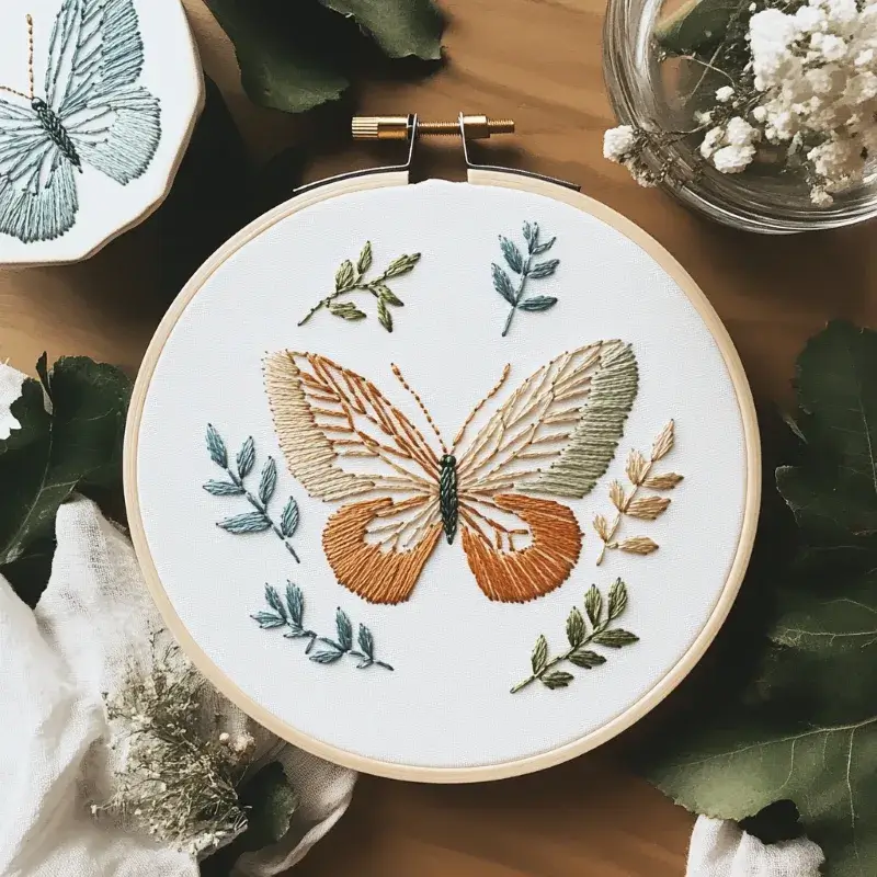 embroidery hoop holding white fabric with a handmade butterfly embroidery design embroidery hoop holding white fabric with a handmade butterfly embroidery design
