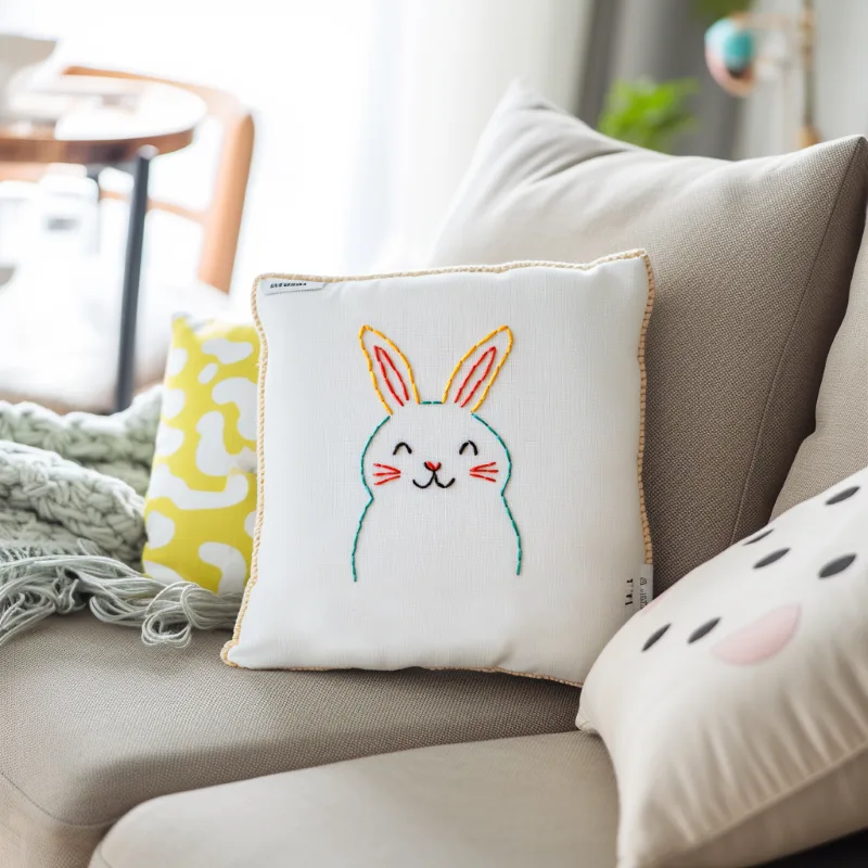 Light gray sofa decorated with playful pillows, creating a peaceful and joyful atmosphere Light gray sofa decorated with playful pillows, creating a peaceful and joyful atmosphere