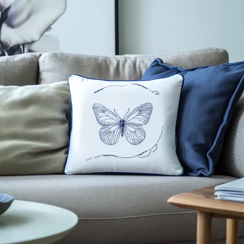 gray sofa with gray cushion, blue cushion, and white cushion embroidered with butterfly design gray sofa with gray cushion, blue cushion, and white cushion embroidered with butterfly design
