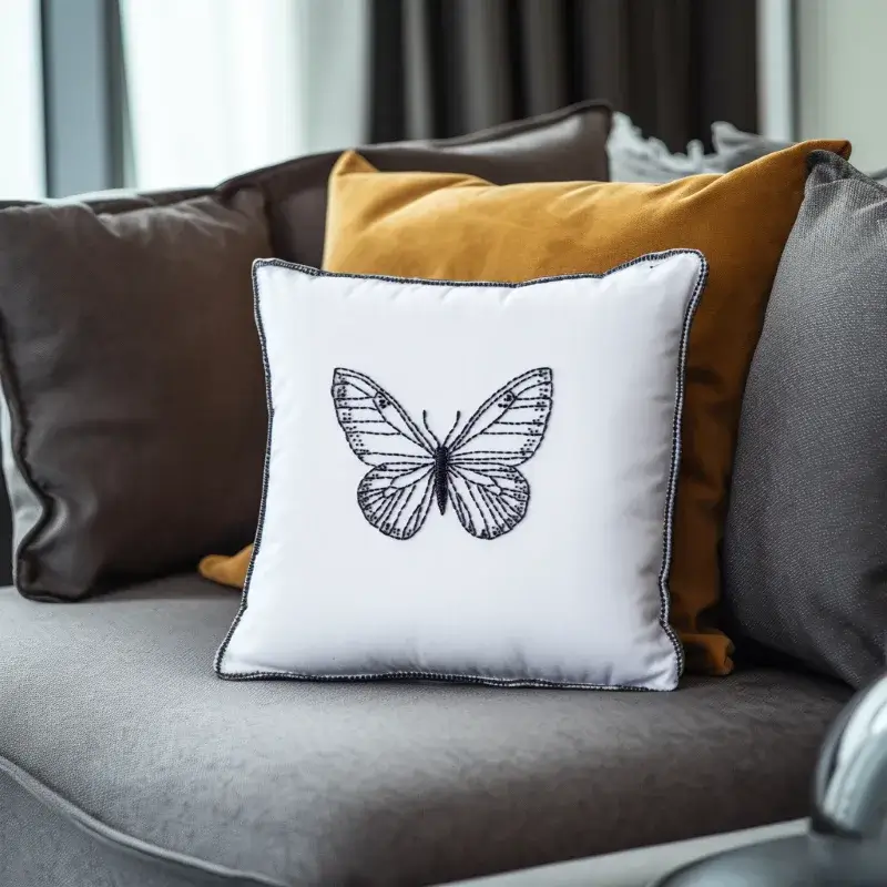 gray sofa with mustard cushion and white cushion embroidered with black butterfly gray sofa with mustard cushion and white cushion embroidered with black butterfly