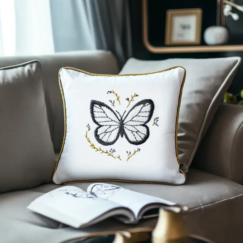 gray sofa with white cushion featuring black and white butterfly hand embroidery gray sofa with white cushion featuring black and white butterfly hand embroidery