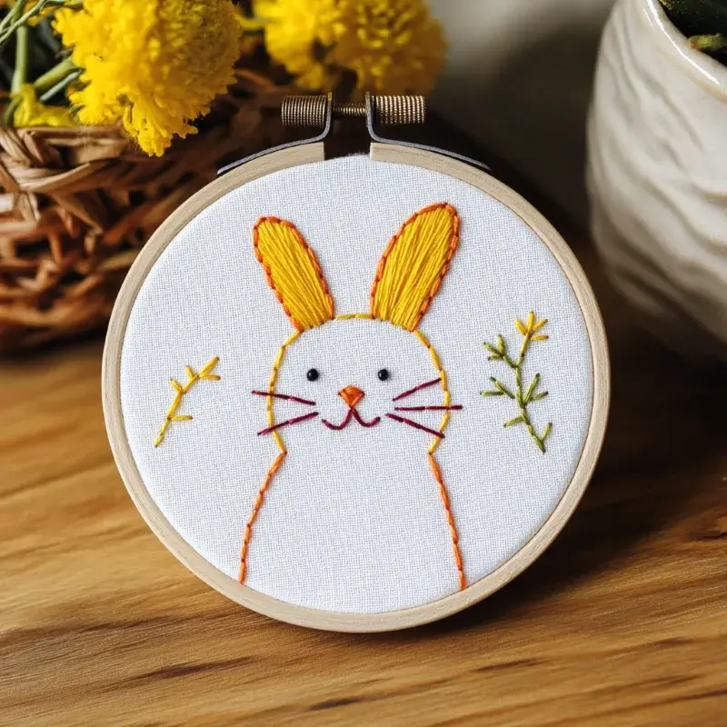 hand-embroidered cute rabbit on table with colorful threads hand-embroidered cute rabbit on table with colorful threads
