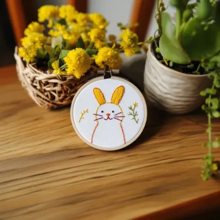 hand-embroidered rabbit on table with decorative artificial flowers