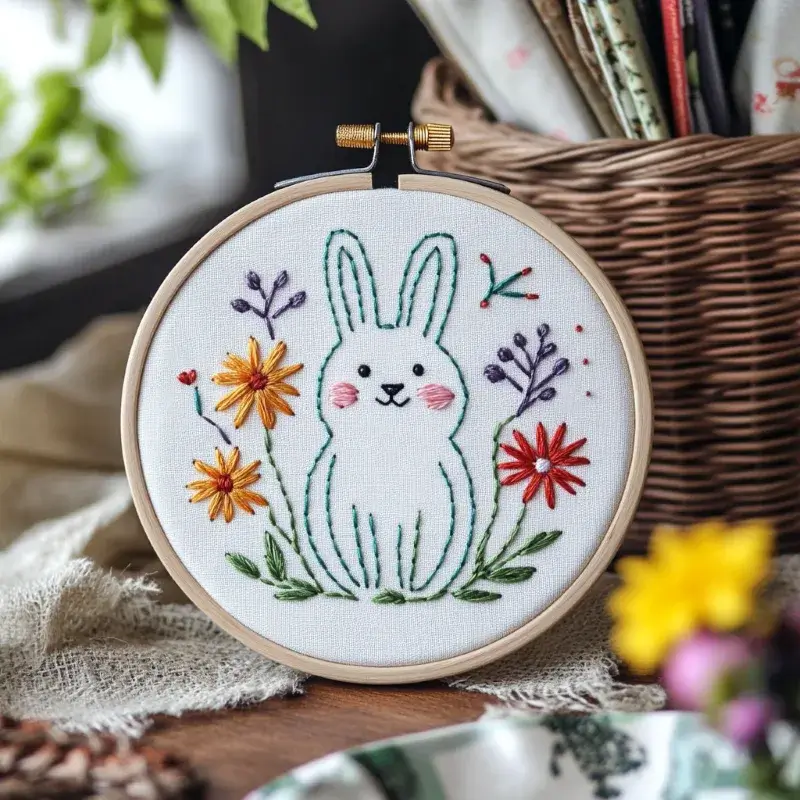 Hand-embroidered rabbit with colorful flowers on a work table Hand-embroidered rabbit with colorful flowers on a work table