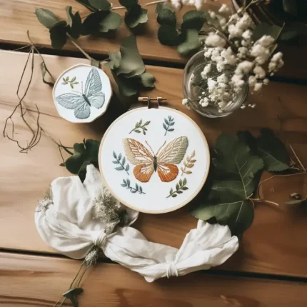 hand-stitched butterfly embroidery on table, decorated with leaves and fabric
