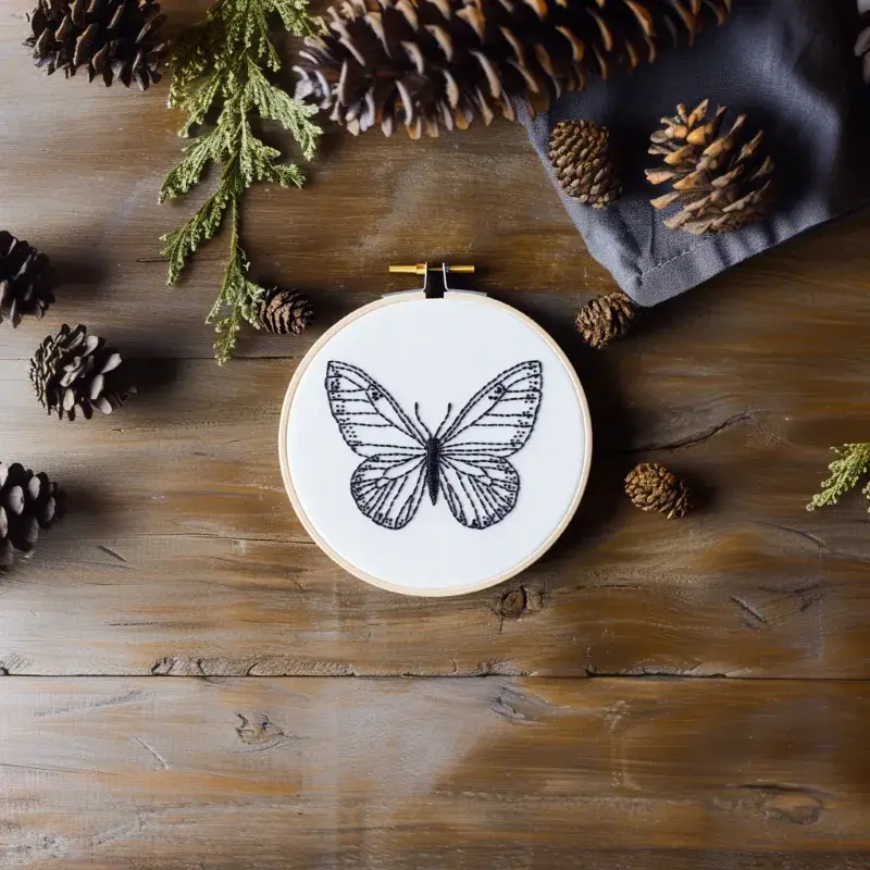 handmade black butterfly embroidery on table with pinecones as decoration handmade black butterfly embroidery on table with pinecones as decoration