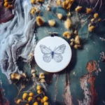 handmade blue butterfly embroidery on table with fabric and decorative plants