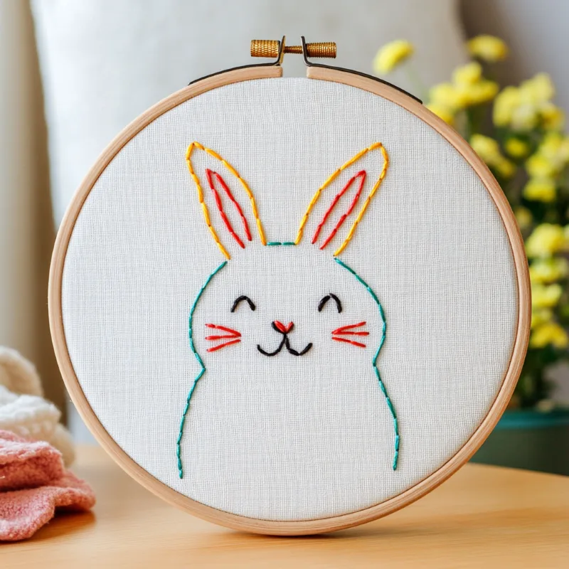 Handmade embroidery of a cute rabbit with closed eyes smiling, placed on a wooden table Handmade embroidery of a cute rabbit with closed eyes smiling, placed on a wooden table