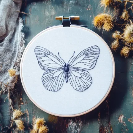 modern butterfly embroidery in deep blue minimalist lines displayed on a blue tabletop