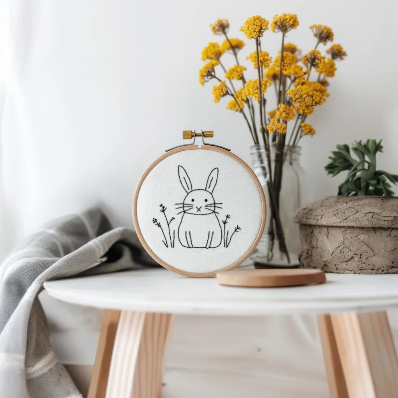 White table with rabbit embroidery artwork and a transparent vase holding artificial flowers White table with rabbit embroidery artwork and a transparent vase holding artificial flowers