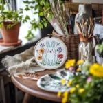 Rabbit embroidery on fabric with brushes and decorative flowers on table