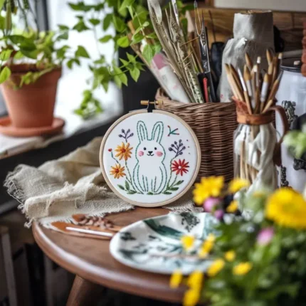 Rabbit embroidery on fabric with brushes and decorative flowers on table