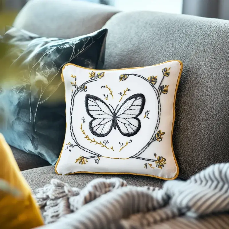 sofa with embroidered cushions and blanket, creating a cozy home atmosphere sofa with embroidered cushions and blanket, creating a cozy home atmosphere