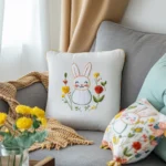 Two hand-embroidered rabbit cushions, large and small, on sofa