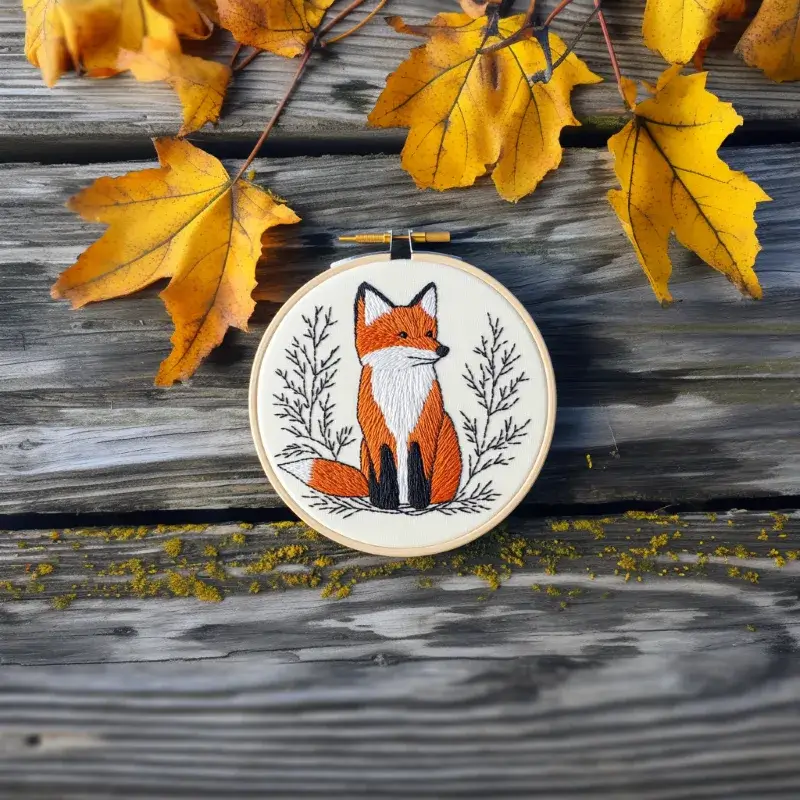 alert fox embroidery design placed on a wooden board Curious Fox DIY Animal Embroidery Art Pattern - Image 2