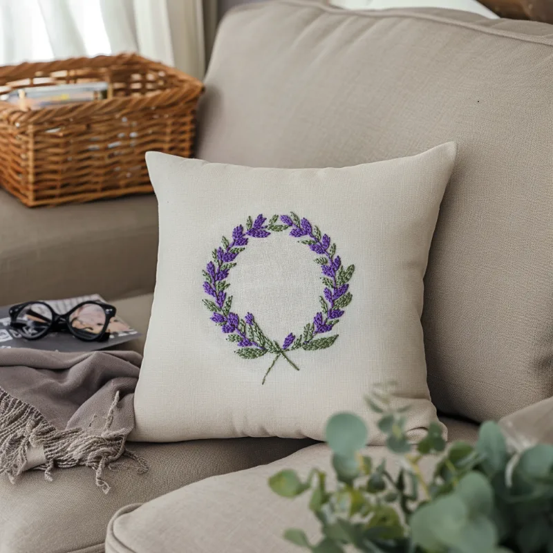 beige sofa with a white cushion embroidered with a lavender wreath, next to glasses and a scarf Lavender Happiness Wreath Hand Embroidery Pattern - Image 3