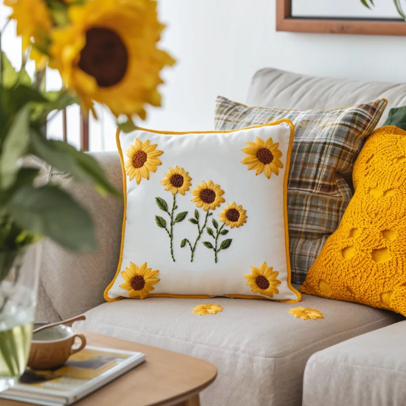 beige sofa with three pillows and a vase of fresh sunflowers in the foreground Three Friends Sunflower Hand Embroidery Pattern PDF - Image 4