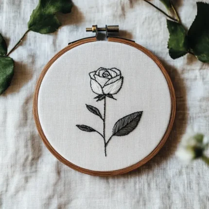 black and white rose hand embroidery with an ink-painting style