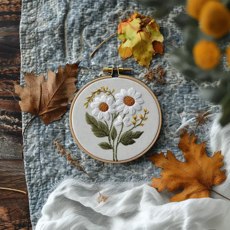 blue fabric with a daisy embroidery piece and scattered autumn leaves Daisy Duet DIY Digital Flower Embroidery Pattern - Image 2