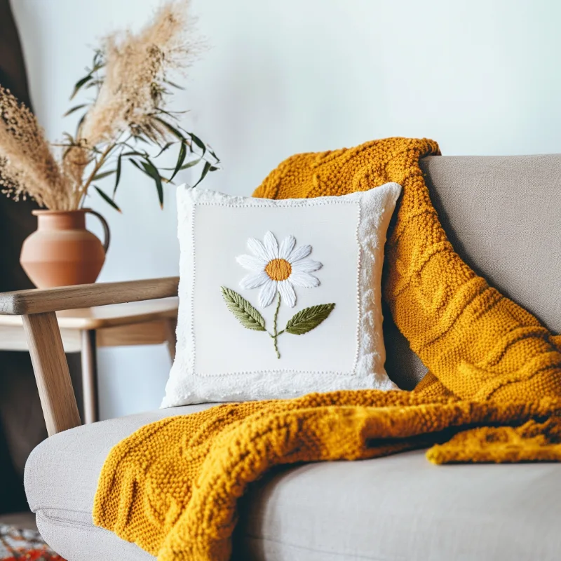 bright and cozy room with sofa cushions and a knitted blanket bright and cozy room with sofa cushions and a knitted blanket