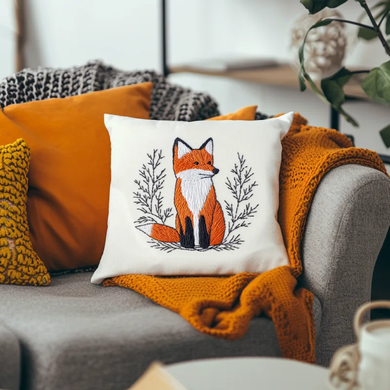 bright living room with a sofa, cushions, and blanket creating a cozy atmosphere Curious Fox DIY Animal Embroidery Art Pattern - Image 5