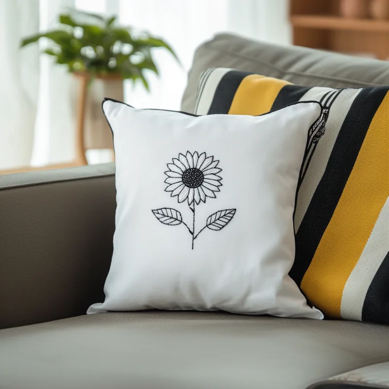bright room with a gray sofa, a white sunflower cushion, and a striped pillow bright room with a gray sofa, a white sunflower cushion, and a striped pillow