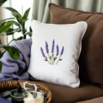brown chair with a white cushion and a purple throw blanket