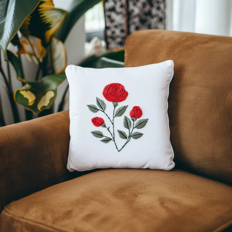 brown sofa with a white cushion embroidered with a red rose Crimson Rose Trio PDF Embroidery Guide DIY Floral Art - Image 3