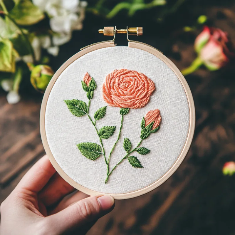 coral pink rose hand embroidery with one bloom and two budding flowers coral pink rose hand embroidery with one bloom and two budding flowers