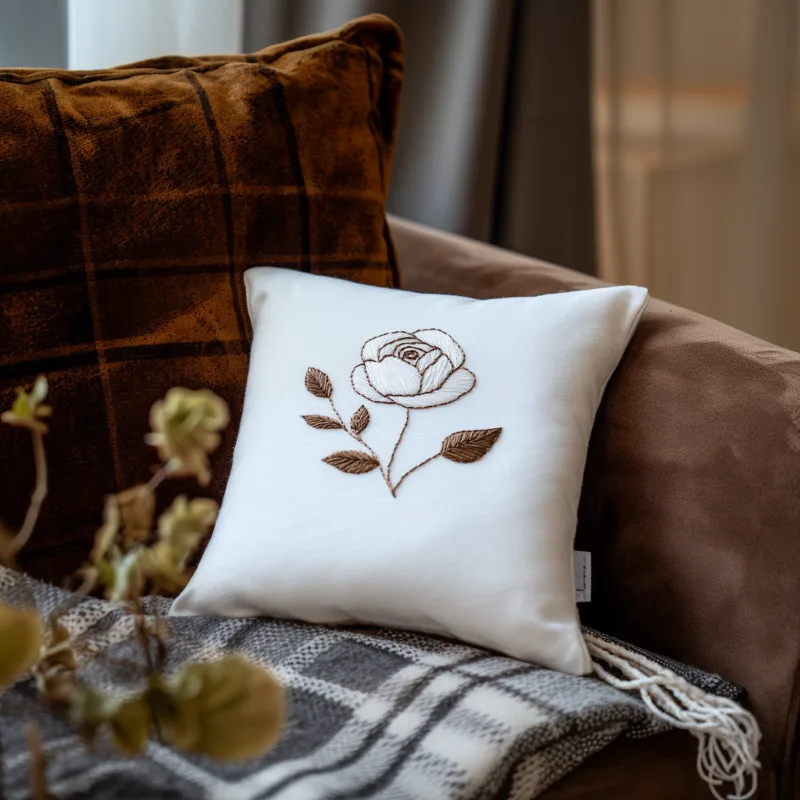 cozy brown sofa with two cushions and a blanket Coffee Nook Rose Hand Embroidery Pattern PDF - Image 3