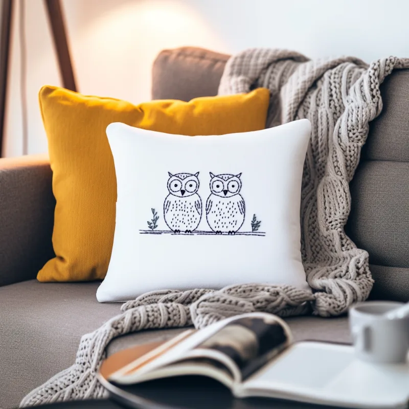 cozy room in warm lighting with two pillows on the sofa, one ginger yellow and one white cozy room in warm lighting with two pillows on the sofa, one ginger yellow and one white