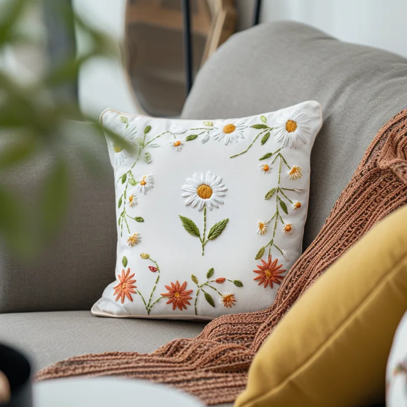 cozy sofa with a floral embroidered cushion, creating a warm atmosphere cozy sofa with a floral embroidered cushion, creating a warm atmosphere