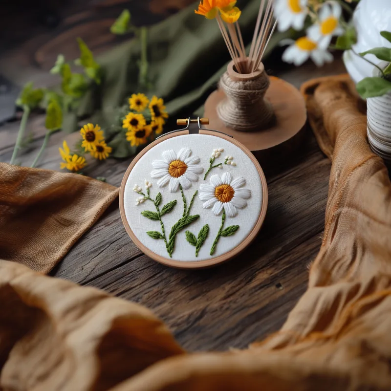 daisy embroidery piece on a table, styled with fresh daisies and brown fabric DIY Hopeful Blooms Daisy Embroidery Pattern - Image 2