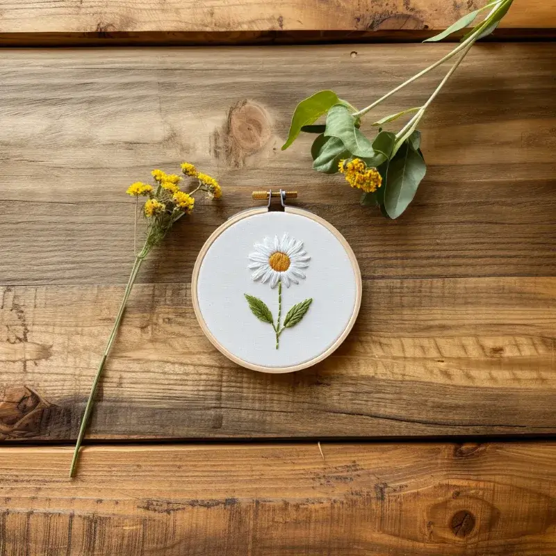 daisy embroidery piece on a wooden floor with two small yellow flowers beside it daisy embroidery piece on a wooden floor with two small yellow flowers beside it