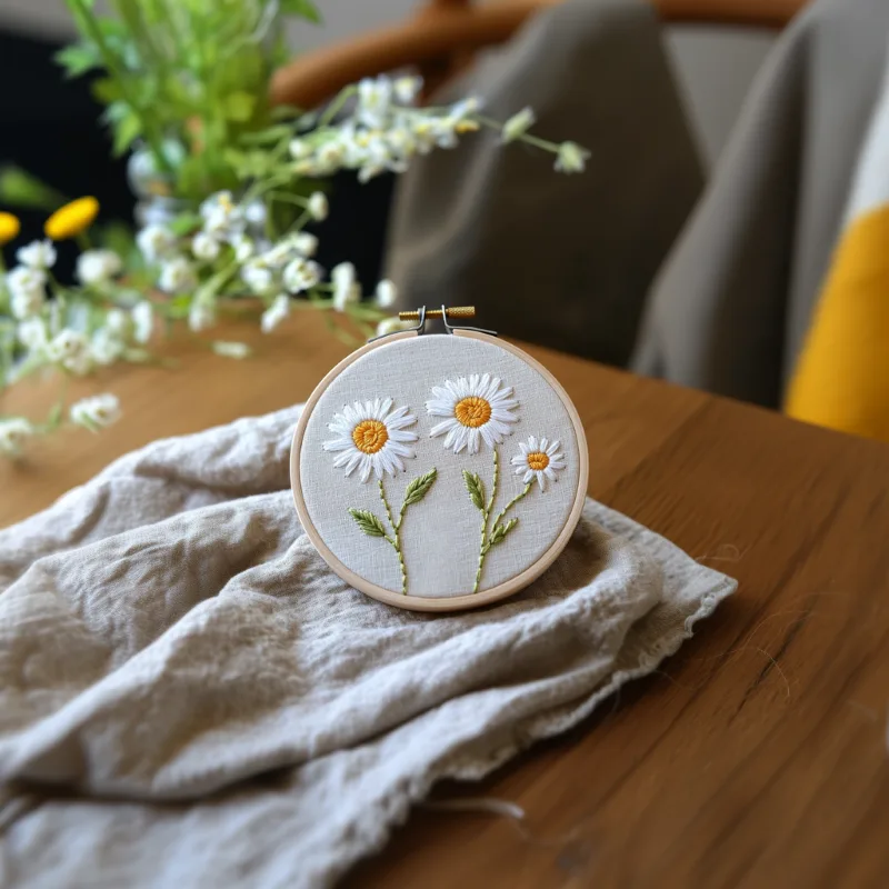 daisy embroidery piece placed on gray fabric with fresh daisies beside it Daisy Flower Embroidery Pattern for Instant Download - Image 2