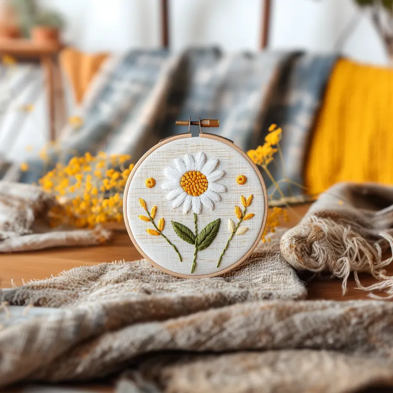 daisy embroidery piece with fabric and small yellow flowers as decoration Spring Daisy's Gentle Whisper Digital Embroidery Design - Image 2