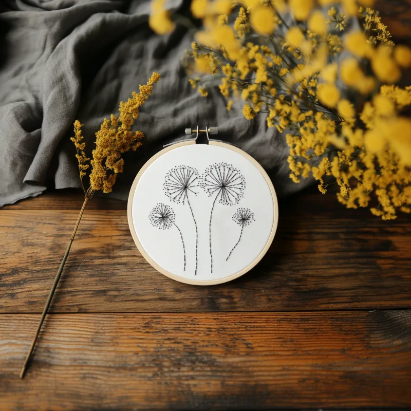 dandelion embroidery on a table with decorative branches featuring fresh yellow buds Dandelion Family Hand Embroidery Pattern PDF - Image 2