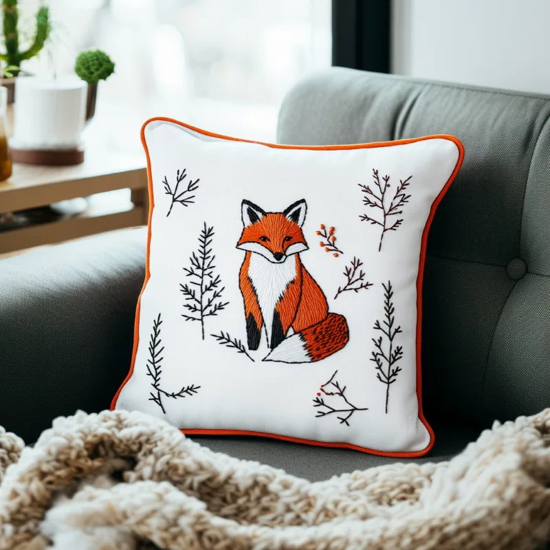 dark gray sofa with a blanket and a decorative fox embroidery cushion dark gray sofa with a blanket and a decorative fox embroidery cushion